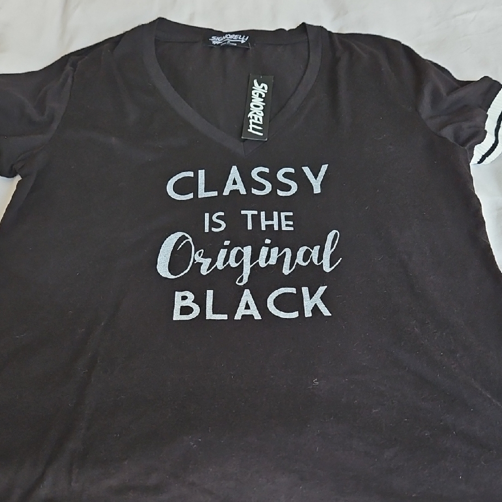 Black V-Neck T-Shirt with White  Classy Is The Original Black.  Womens M